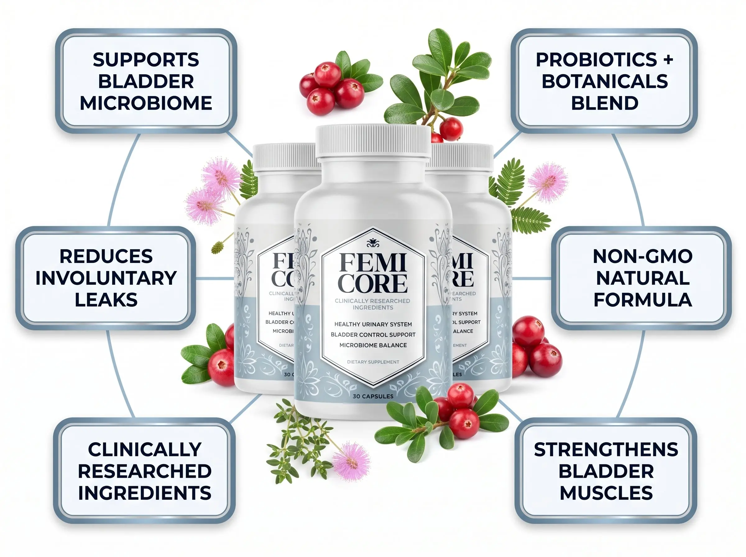 Icons representing FemiCore's core benefits for bladder and urinary health